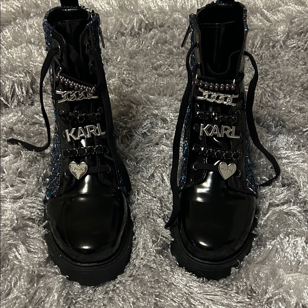 Karl Lagerfeld Shiny Black Boots with Silver Accents